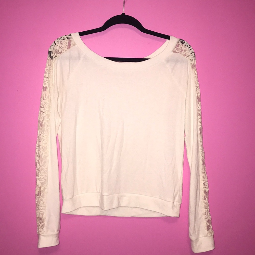 Lace sleeve cream sweater